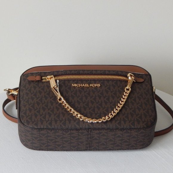 NWT $398 Michael Kors Jet Set Item MK Monogram LG EW Zip Chain XBody Bag Brown - Picture 8 of 11